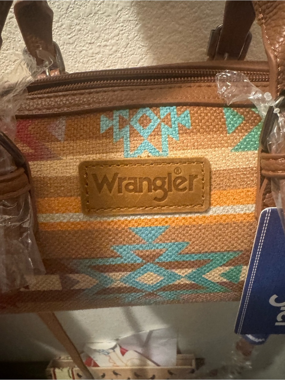Wrangler Tan Crossbody with Turquoise & Pink Aztec Accent - Picture 2 of 13